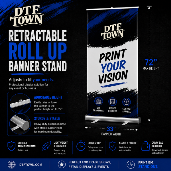 Promotional infographic for a DTF Town retractable roll-up banner stand, showing the stand on a black background with text detailing its 72-inch max height, 33-inch banner width, aluminum frame, and features. Includes a product render, dimension arrows, and feature icons.