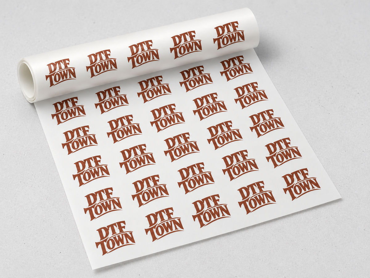 Part-unrolled gang sheet with nested designs beside a kraft mailer. No garment in the package.