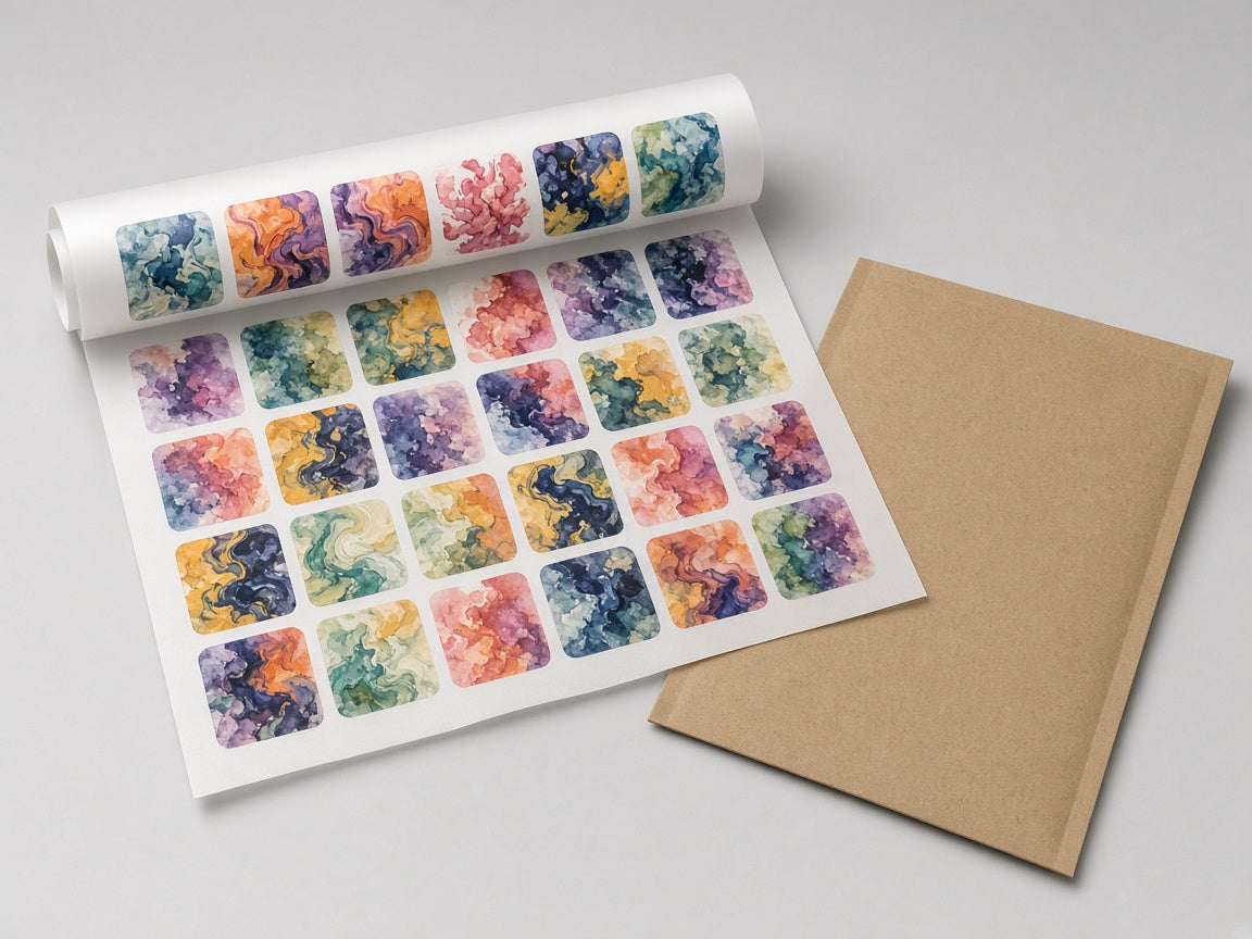 Part-unrolled gang sheet with nested designs beside a kraft mailer. No garment in the package.