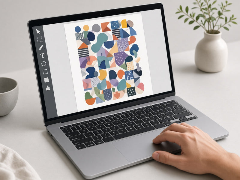 Laptop showing a gang sheet layout tool with designs nested on a sheet