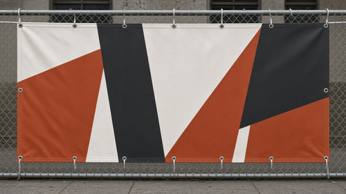 Scrim vinyl banner hemmed and grommeted, zip-tied to a chain-link fence