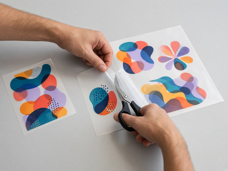 Hands cutting apart a printed DTF gang sheet with scissors on a worktable