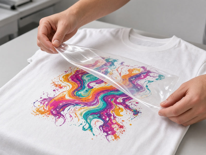 Peeling the carrier film off a pressed t-shirt revealing the transferred print