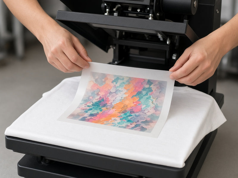 Placing a DTF transfer face-down on a white t-shirt on an open heat press