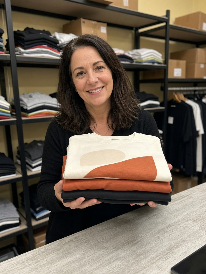 Shop owner with a stack of printed tees
