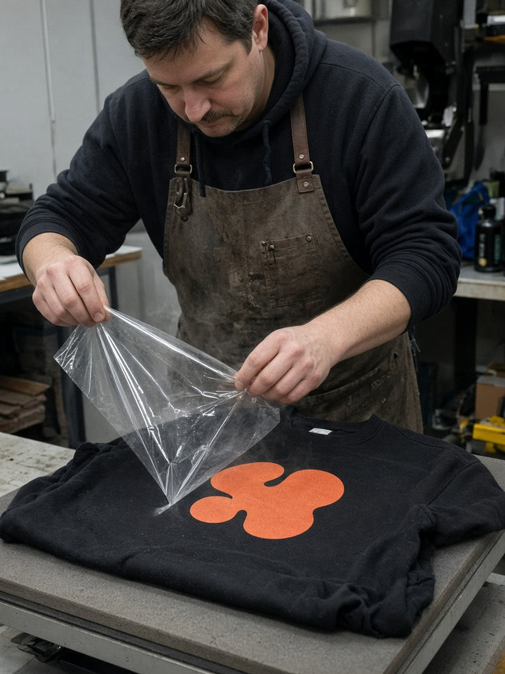 Peeling the film off a pressed sweatshirt
