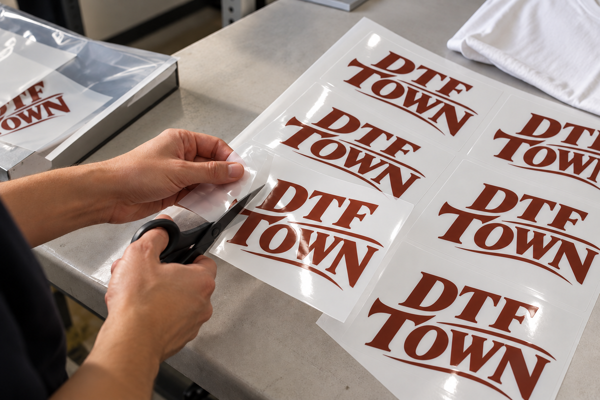 Hands cutting printed designs apart from a sheet on a worktable