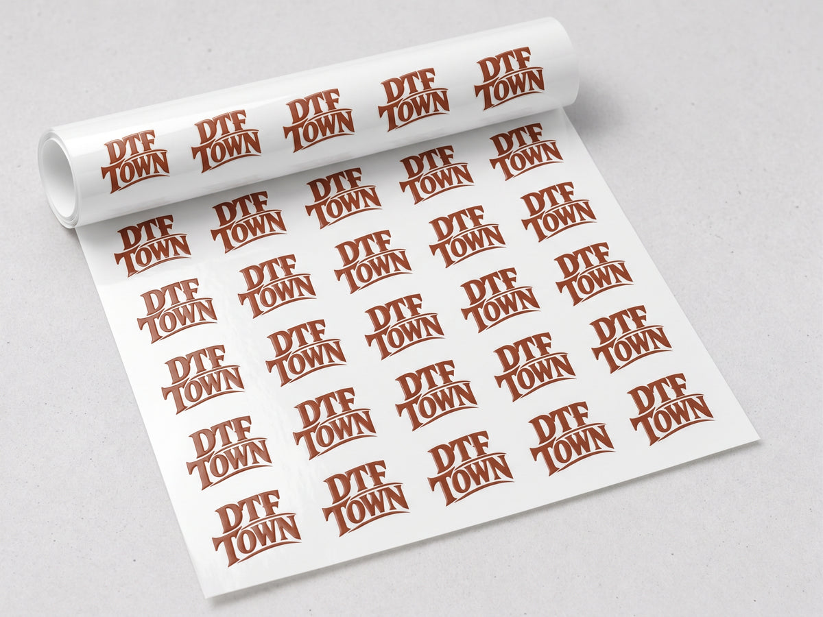 Part-unrolled gang sheet with nested designs beside a kraft mailer. No garment in the package.